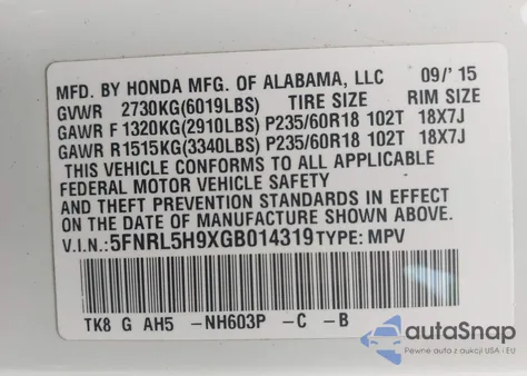 2016 Honda Odyssey Touring/Touring Elite z USA, uszkodzony, nr VIN 5FNRL5H9XGB014319